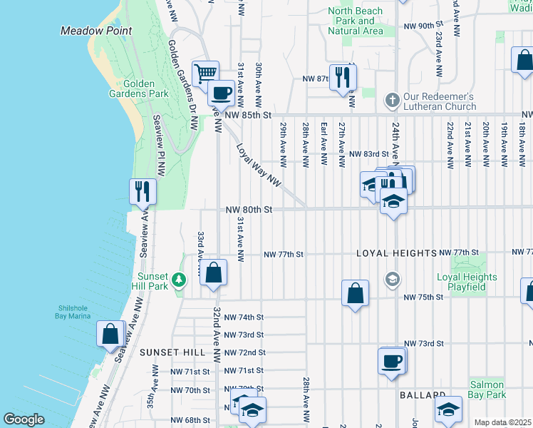 map of restaurants, bars, coffee shops, grocery stores, and more near 2921 Northwest 80th Street in Seattle