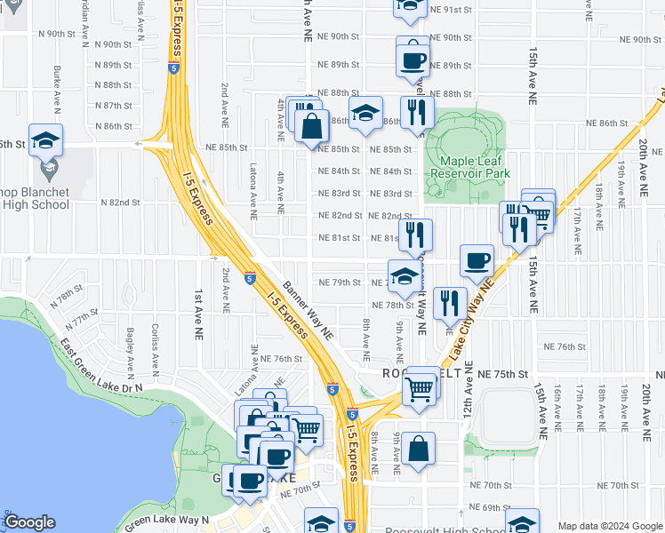 map of restaurants, bars, coffee shops, grocery stores, and more near 523 Northeast 80th Street in Seattle