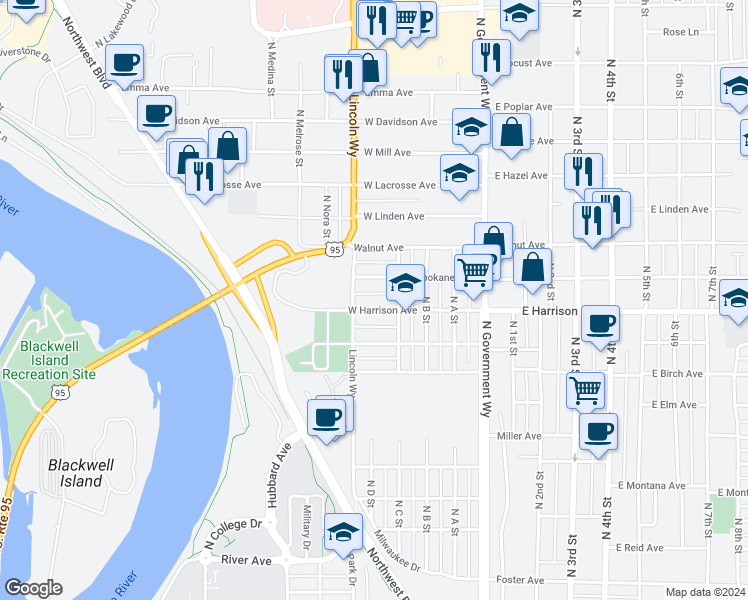 map of restaurants, bars, coffee shops, grocery stores, and more near 525 West Harrison Avenue in Coeur d'Alene