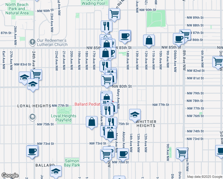 map of restaurants, bars, coffee shops, grocery stores, and more near 7750 15th Avenue Northwest in Seattle