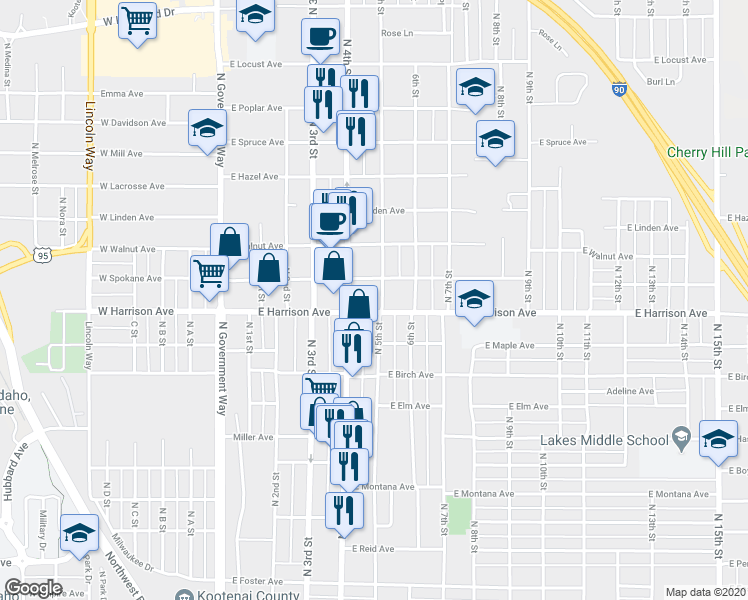 map of restaurants, bars, coffee shops, grocery stores, and more near 1212 North 4th Street in Coeur d'Alene