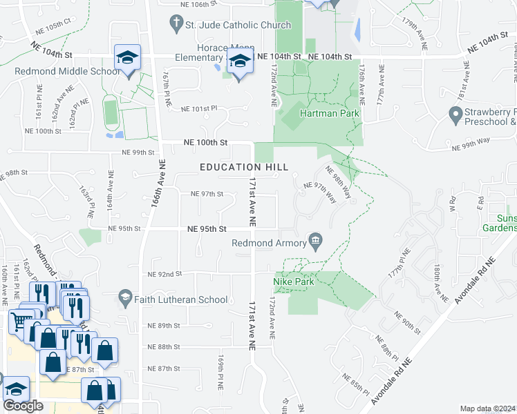 map of restaurants, bars, coffee shops, grocery stores, and more near 9548 171st Avenue Northeast in Redmond