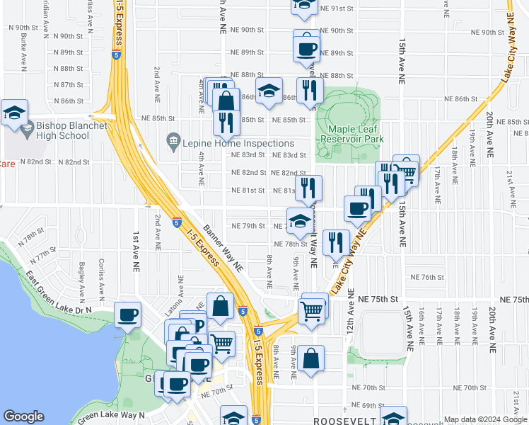 map of restaurants, bars, coffee shops, grocery stores, and more near 555 Northeast 80th Street in Seattle
