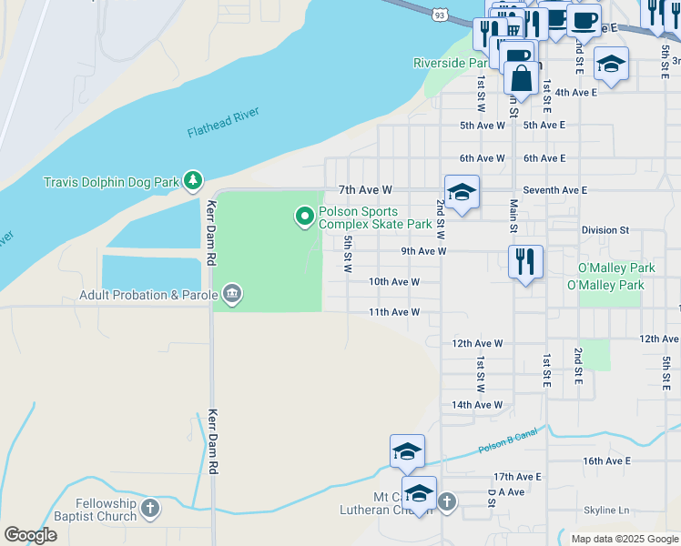 map of restaurants, bars, coffee shops, grocery stores, and more near 951-999 5th Street West in Polson