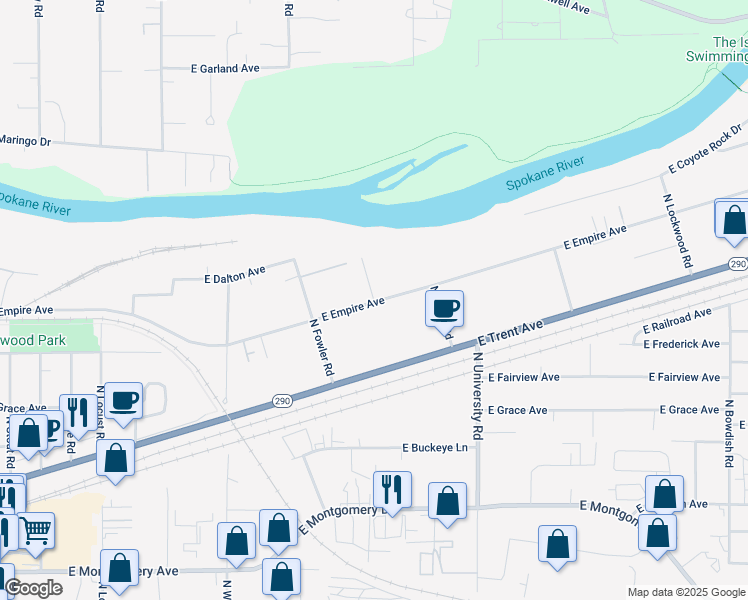 map of restaurants, bars, coffee shops, grocery stores, and more near 10404 East Empire Avenue in Spokane