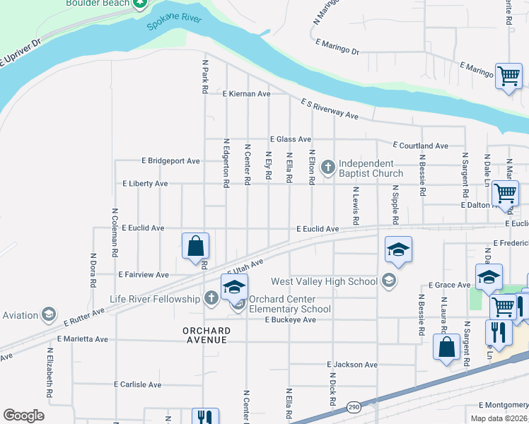 map of restaurants, bars, coffee shops, grocery stores, and more near 3217 North Ely Road in Spokane Valley