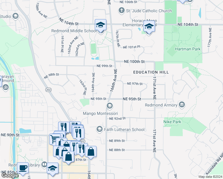 map of restaurants, bars, coffee shops, grocery stores, and more near 9520 166th Avenue Northeast in Redmond