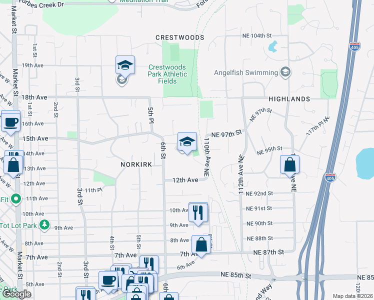 map of restaurants, bars, coffee shops, grocery stores, and more near 1351 8th Street in Kirkland