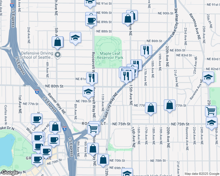 map of restaurants, bars, coffee shops, grocery stores, and more near 1211 Northeast 80th Street in Seattle