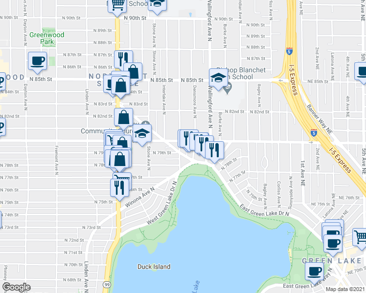 map of restaurants, bars, coffee shops, grocery stores, and more near in Seattle