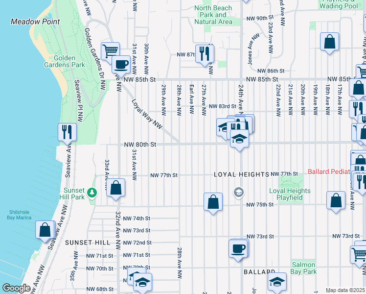 map of restaurants, bars, coffee shops, grocery stores, and more near 7755 Earl Avenue Northwest in Seattle
