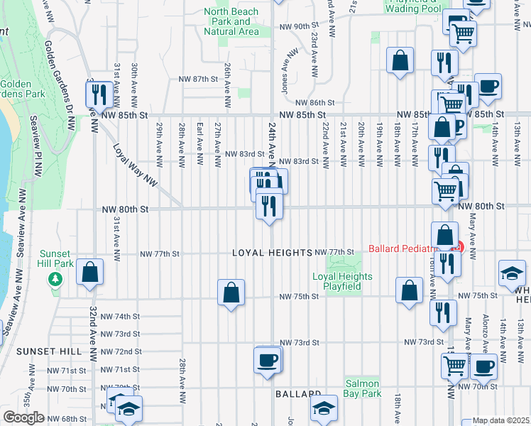 map of restaurants, bars, coffee shops, grocery stores, and more near 2401 Northwest 80th Street in Seattle