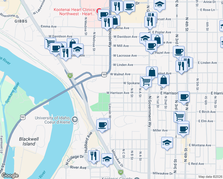 map of restaurants, bars, coffee shops, grocery stores, and more near 5250 Lincoln Way in Coeur d'Alene