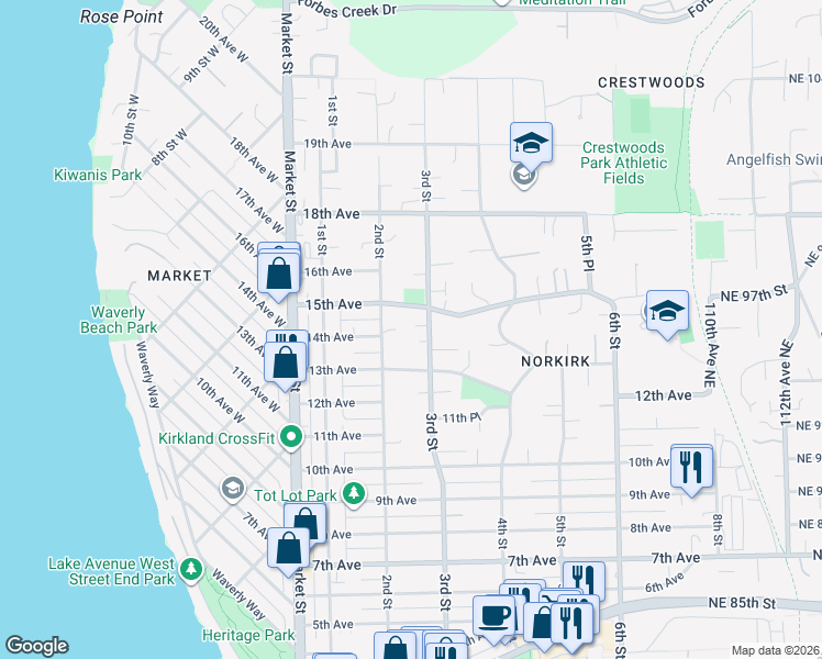 map of restaurants, bars, coffee shops, grocery stores, and more near 1335 3rd Street in Kirkland