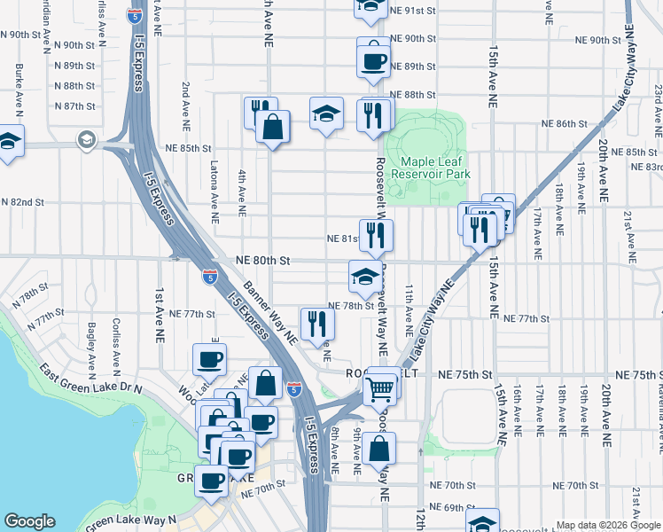map of restaurants, bars, coffee shops, grocery stores, and more near 555 Northeast 80th Street in Seattle