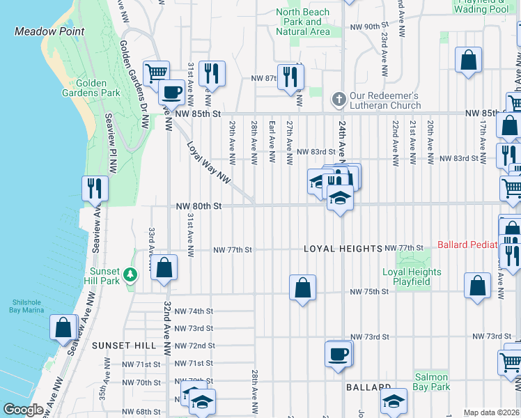 map of restaurants, bars, coffee shops, grocery stores, and more near 2761 Northwest 80th Street in Seattle