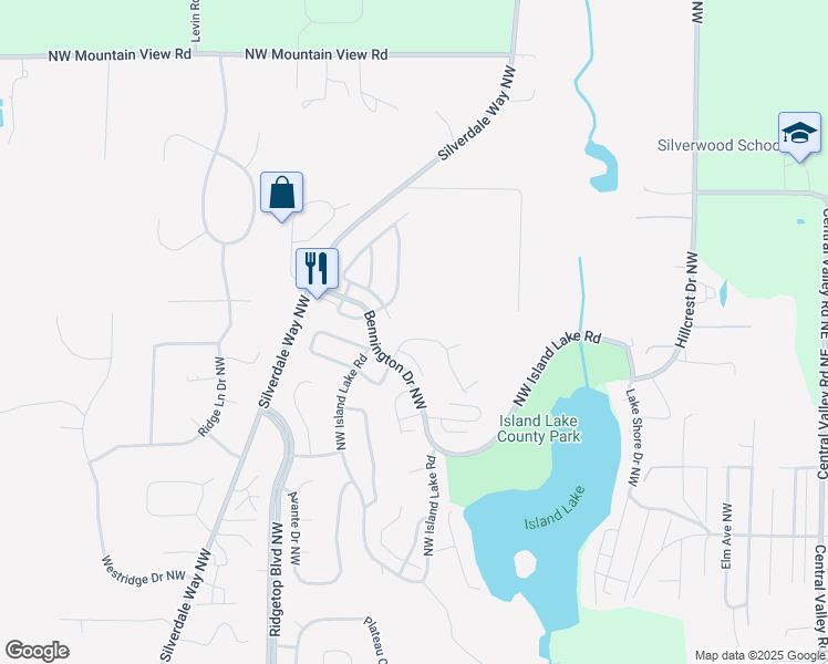 map of restaurants, bars, coffee shops, grocery stores, and more near 13563 Huntley Place Northwest in Silverdale