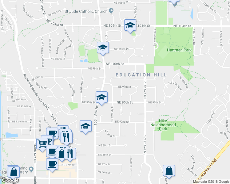 map of restaurants, bars, coffee shops, grocery stores, and more near 9602 167th Avenue Northeast in Redmond