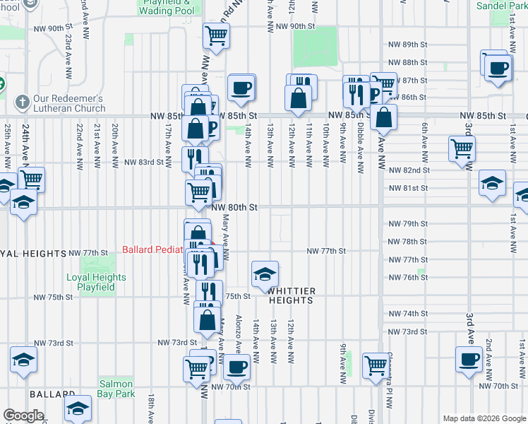 map of restaurants, bars, coffee shops, grocery stores, and more near 7747 13th Avenue Northwest in Seattle