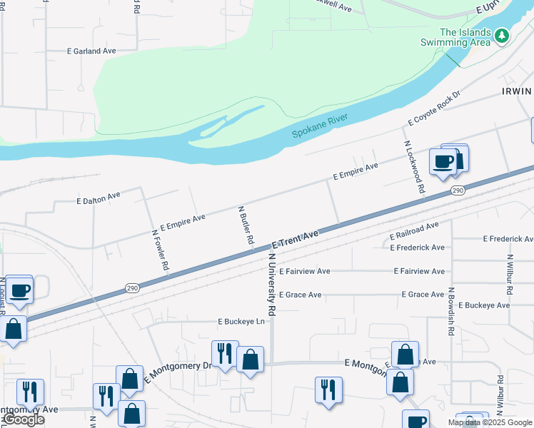 map of restaurants, bars, coffee shops, grocery stores, and more near 10626 East Empire Avenue in Spokane Valley