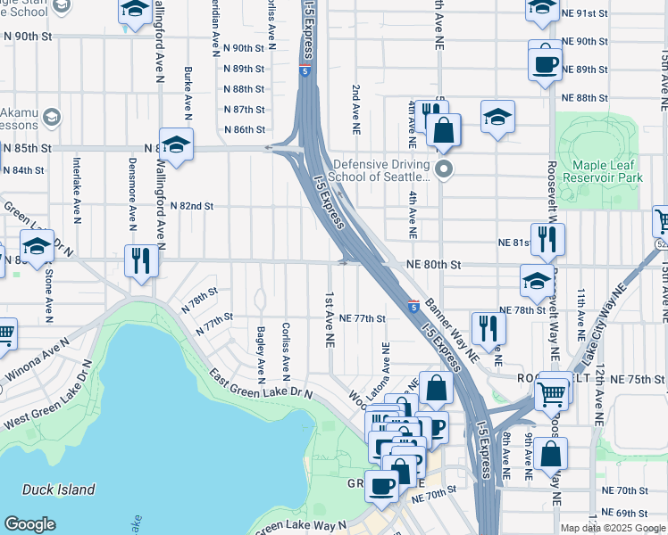 map of restaurants, bars, coffee shops, grocery stores, and more near 111 Northeast 80th Street in Seattle