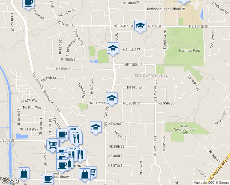 map of restaurants, bars, coffee shops, grocery stores, and more near 9520 166th Avenue Northeast in Redmond