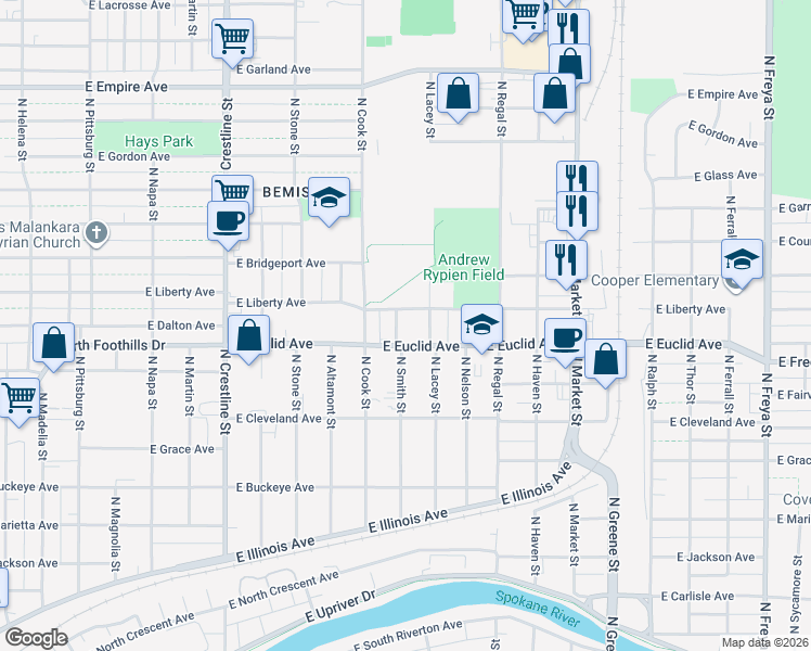 map of restaurants, bars, coffee shops, grocery stores, and more near 3208 North Smith Street in Spokane