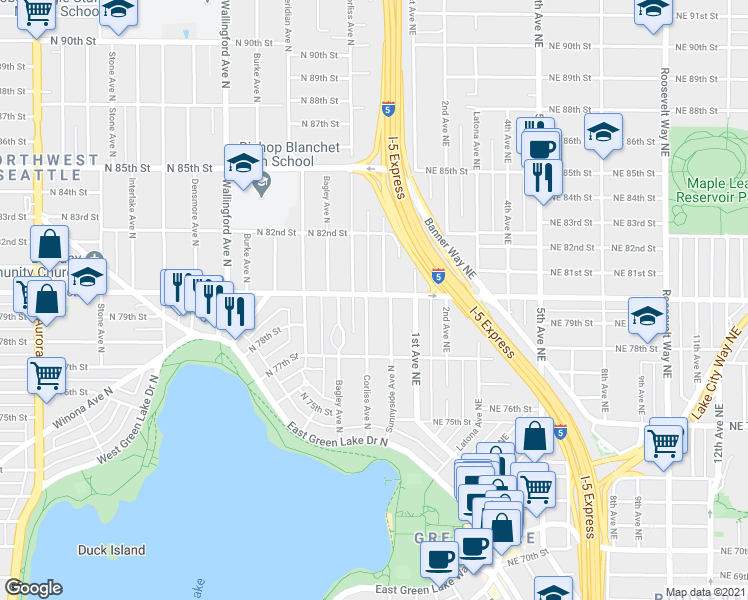 map of restaurants, bars, coffee shops, grocery stores, and more near 7751 Sunnyside Avenue North in Seattle