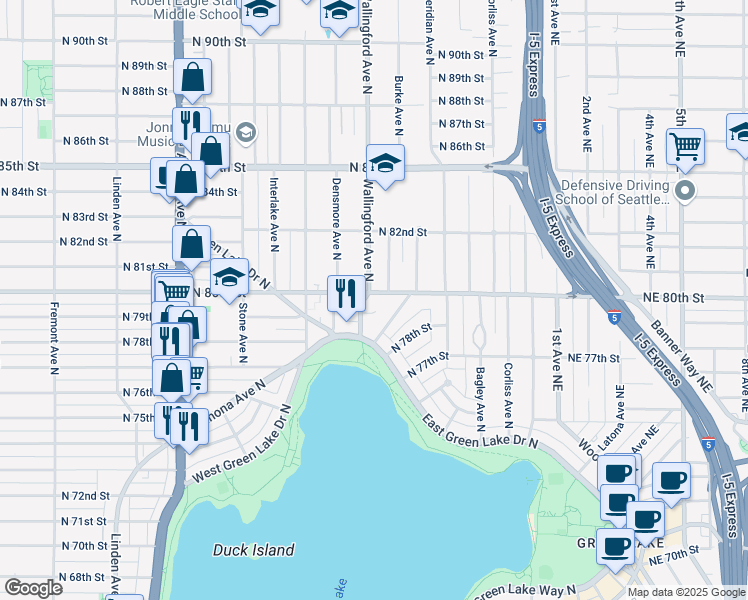 map of restaurants, bars, coffee shops, grocery stores, and more near 7837 Stroud Avenue North in Seattle
