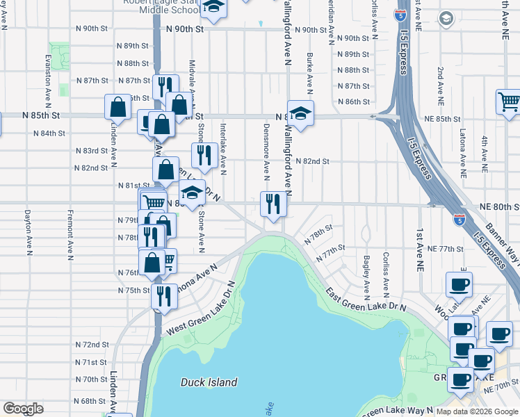 map of restaurants, bars, coffee shops, grocery stores, and more near in Seattle