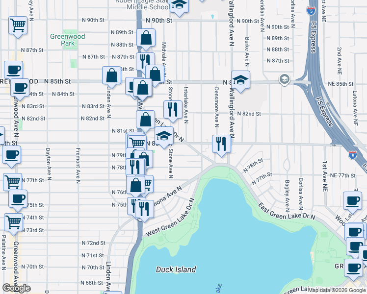 map of restaurants, bars, coffee shops, grocery stores, and more near 1340 North 79th Street in Seattle