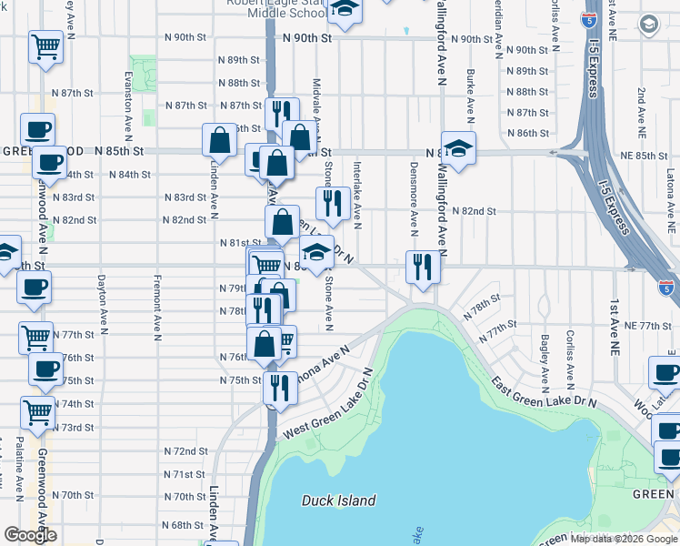 map of restaurants, bars, coffee shops, grocery stores, and more near 1302 North 79th Street in Seattle