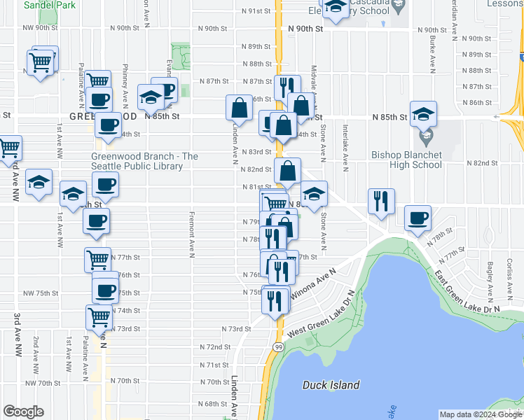 map of restaurants, bars, coffee shops, grocery stores, and more near 926 North 79th Street in Seattle