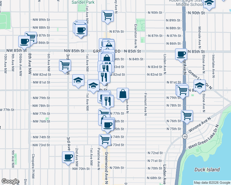 map of restaurants, bars, coffee shops, grocery stores, and more near 342 North 79th Street in Seattle