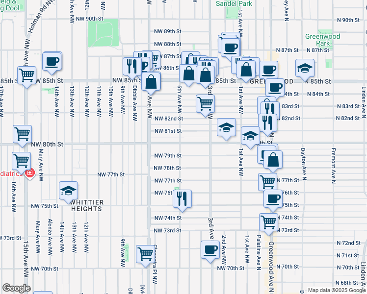map of restaurants, bars, coffee shops, grocery stores, and more near 342 Northwest 79th Street in Seattle