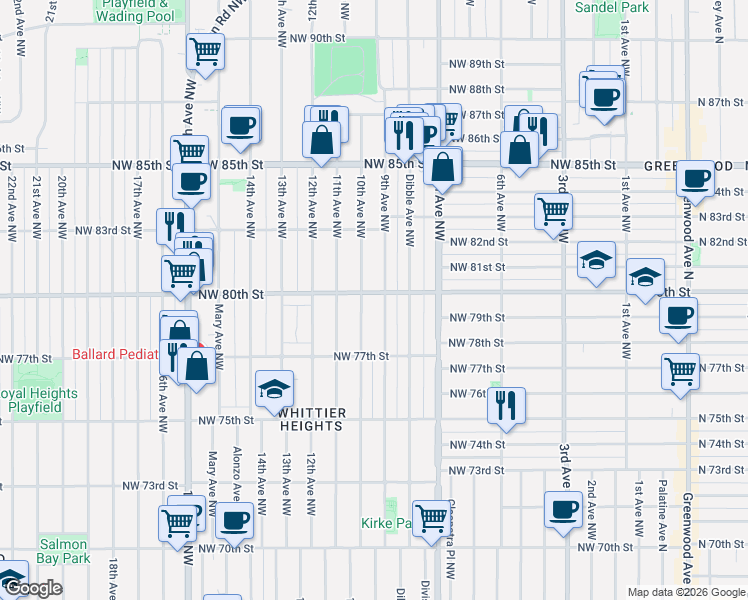 map of restaurants, bars, coffee shops, grocery stores, and more near 7749 9th Avenue Northwest in Seattle