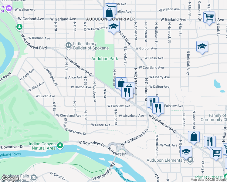 map of restaurants, bars, coffee shops, grocery stores, and more near 2733 South Manito Blvd Crossovr Street in Spokane