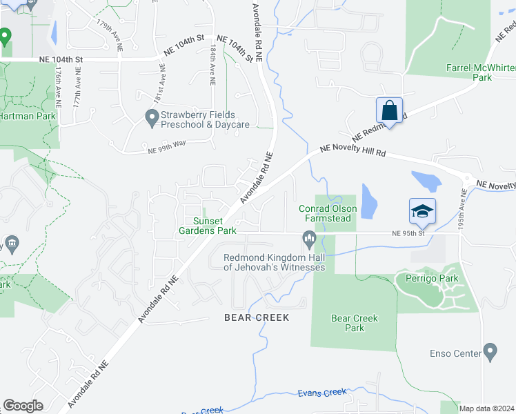map of restaurants, bars, coffee shops, grocery stores, and more near 18394 Northeast 97th Court in Redmond
