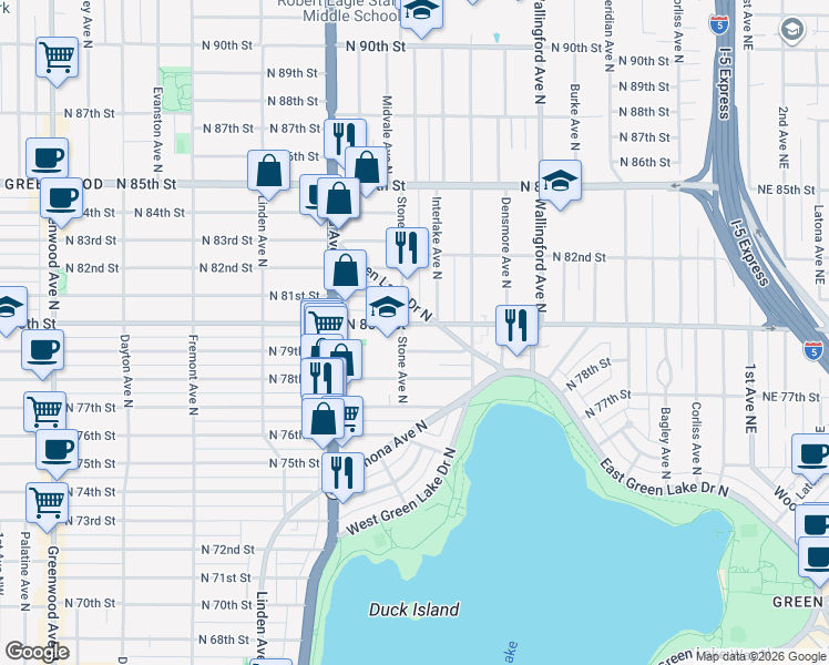map of restaurants, bars, coffee shops, grocery stores, and more near 1302 North 79th Street in Seattle