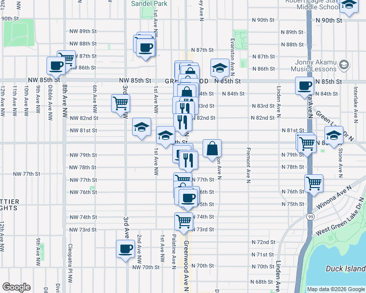 map of restaurants, bars, coffee shops, grocery stores, and more near 7915 Greenwood Avenue North in Seattle