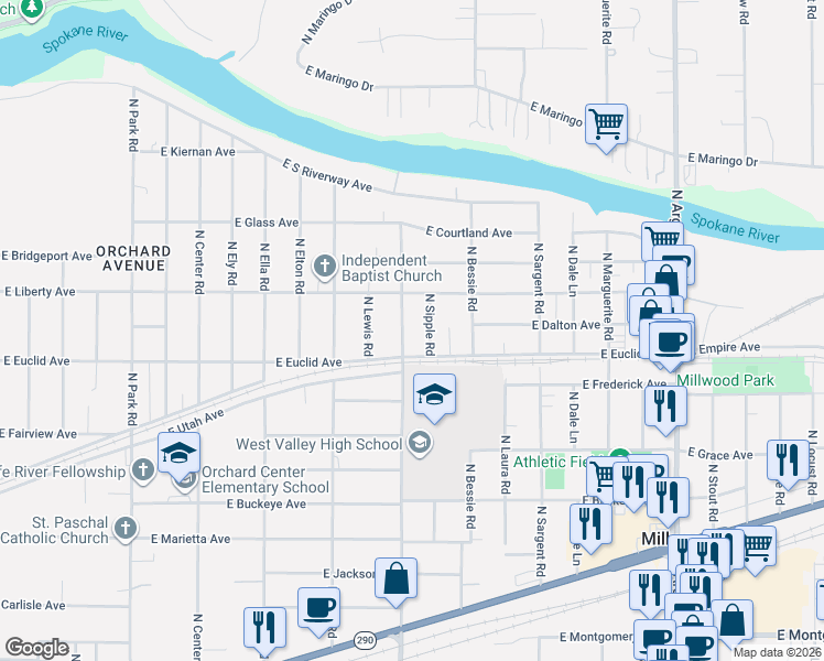 map of restaurants, bars, coffee shops, grocery stores, and more near 3302 North Vista Road in Spokane Valley