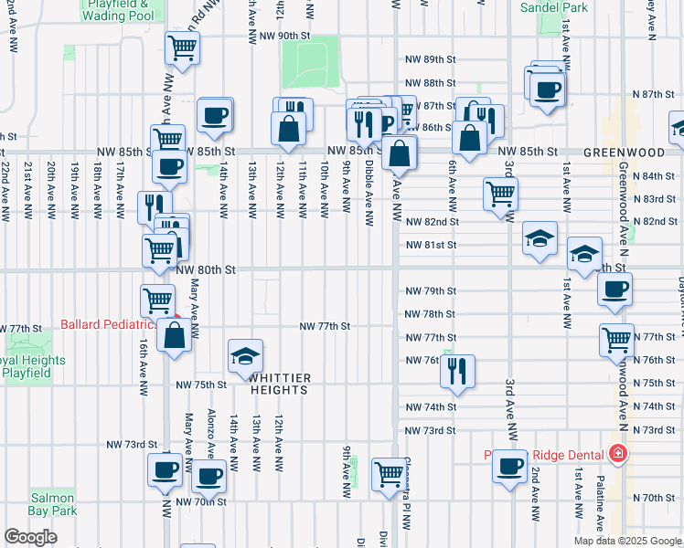 map of restaurants, bars, coffee shops, grocery stores, and more near 903 Northwest 80th Street in Seattle