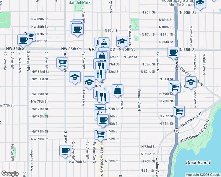 map of restaurants, bars, coffee shops, grocery stores, and more near 342 North 79th Street in Seattle