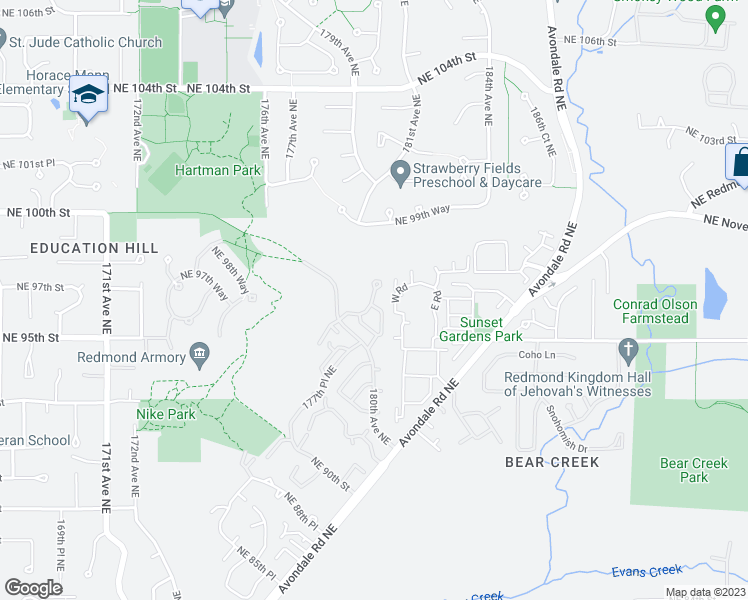 map of restaurants, bars, coffee shops, grocery stores, and more near 17712 Northeast 96th Way in Redmond