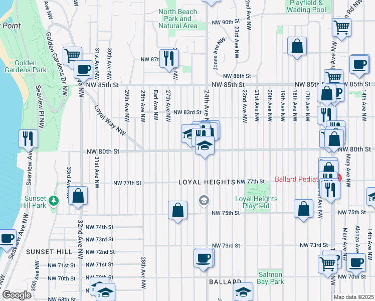 map of restaurants, bars, coffee shops, grocery stores, and more near 2500 Northwest 80th Street in Seattle