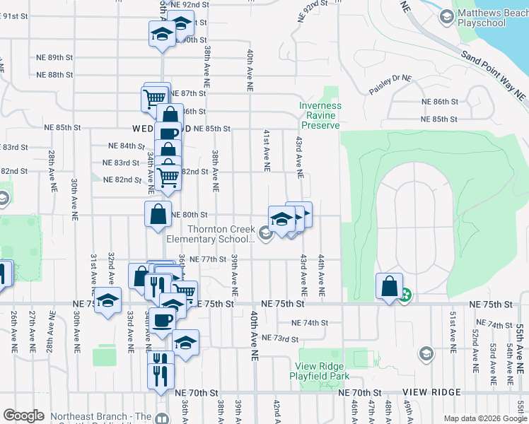 map of restaurants, bars, coffee shops, grocery stores, and more near 8003 41st Avenue Northeast in Seattle