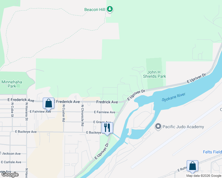 map of restaurants, bars, coffee shops, grocery stores, and more near 5101-5215 East Frederick Avenue in Spokane