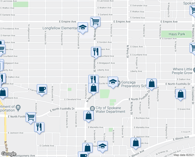 map of restaurants, bars, coffee shops, grocery stores, and more near 1007 East Euclid Avenue in Spokane