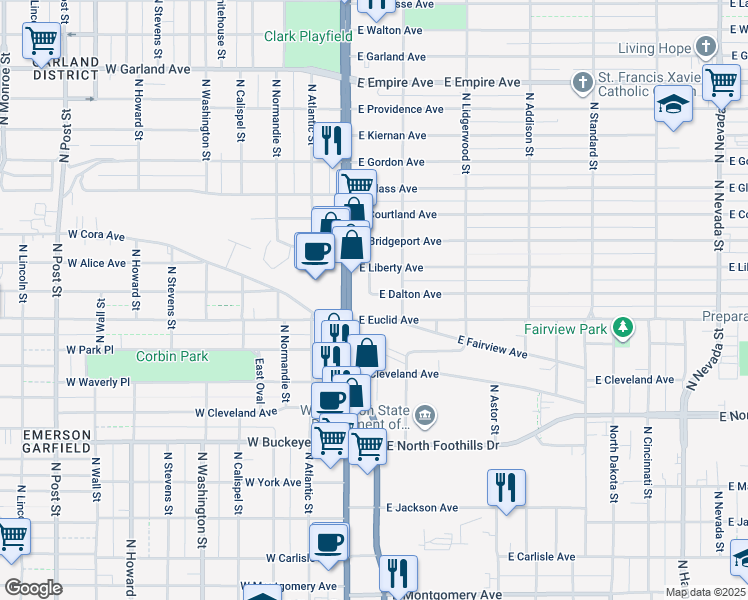 map of restaurants, bars, coffee shops, grocery stores, and more near 35 East Euclid Avenue in Spokane