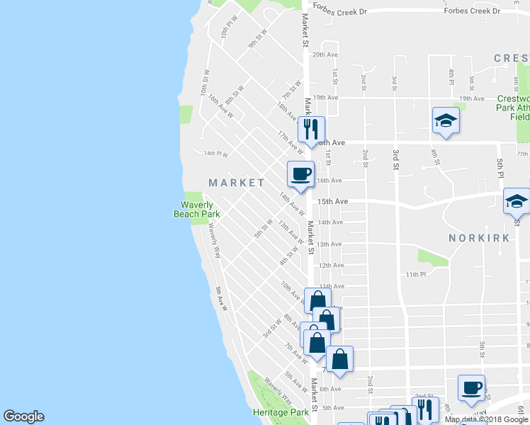 map of restaurants, bars, coffee shops, grocery stores, and more near 1203 5th Street West in Kirkland